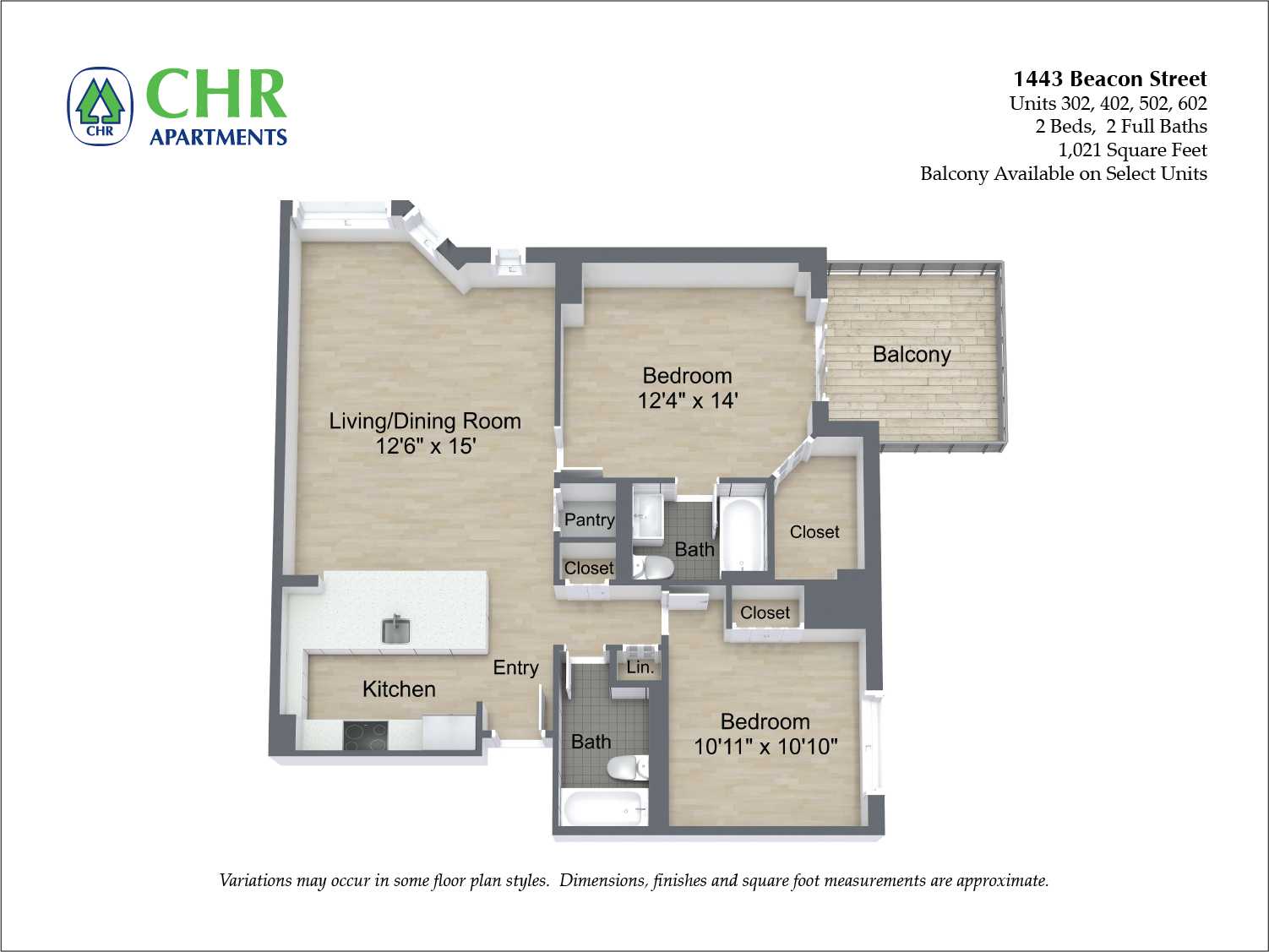 Floor plan for 2 beds, 2 baths, 1079 sqft